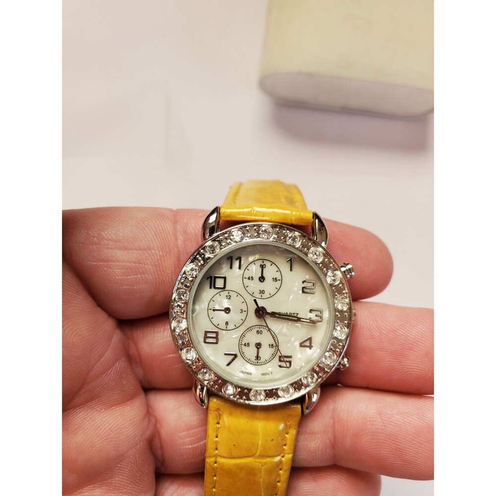 Women's Watch New Battery Rhinestone bezel Yellow Strap.  8-6-2341b